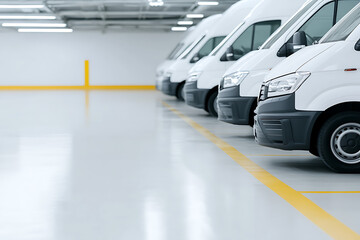 Naklejka premium A line of delivery vans parked in an indoor garage. The vehicles are white, and are lined up neatly. Yellow painted parking lines. Fluorescent lights in the ceiling.