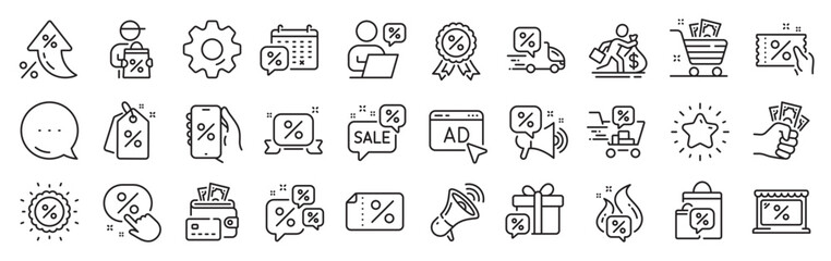 Discounts line icons. Settings gear, Message, Inflation icons. Sale Coupon, phone with percent sign, Discount price tag. Wholesale store market, calendar, hot deal line icons. Vector