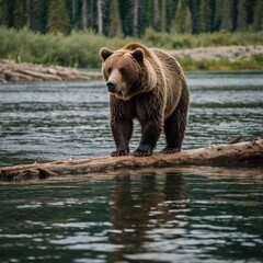 Obraz premium Grizzly bear on log in a river