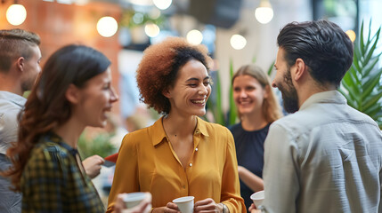 Obraz premium Group of people smiling and talking at an office gathering with drinks in a bright and modern space