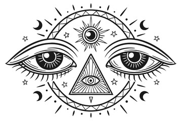 57 Vintage occult eyes, mystical symbols, black and white illustration, detailed engraving style, symmetrical designs, all-seeing eye motif, esoteric imagery, surreal visionary art, ornate eyelashes, 