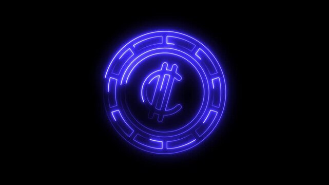 Glowing neon cryptocurrency coin symbol animation loop with abstract modern design