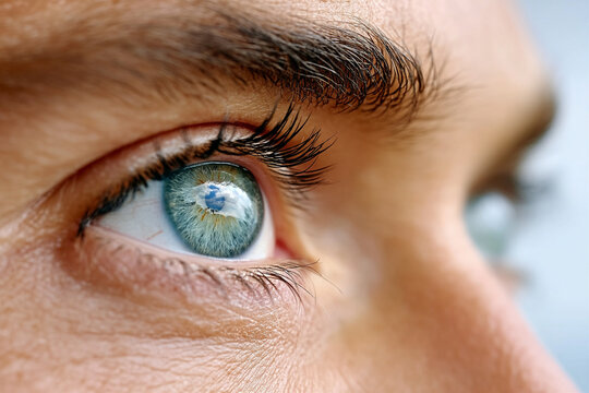 Close-up of a blue human eye with visible eyelashes and eyebrow showing emotional expression and reflection in the eye