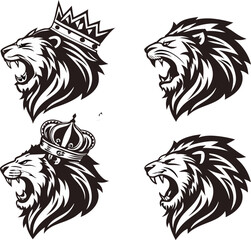 logo, lion head icon, in black on a white background, outline, Stylized black and white lion head illustration with detailed mane and fierce expression Roaring Lion Head Illustration Black White