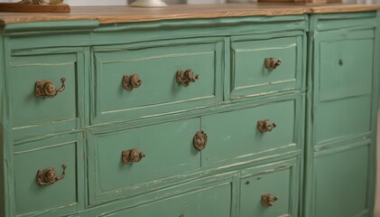 Fototapeta premium Antique green painted dresser with multiple drawers, home decor, emerald, rustic