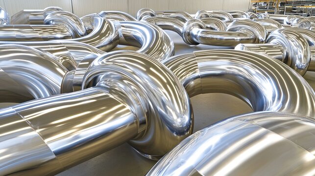 Large, polished metal pipes arranged in a chain-like pattern.