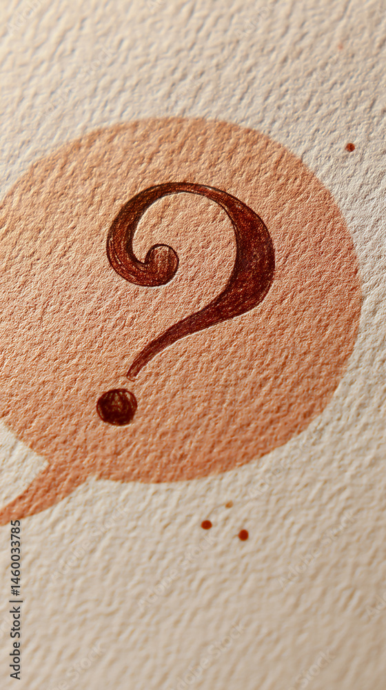 Poster peach-toned textured background features a brown question mark in a speech bubble, symbolizing inqui