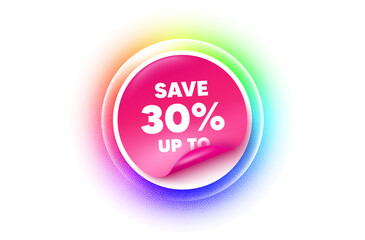 Discount sticker rainbow gradient. Paper offer price tag. Save up to 30 percent tag. Discount Sale offer price sign. Special offer symbol. Sticker label. Grain dots effect. Vector