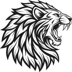 Stylized black and white lion head silhouette illustration with intricate mane details black illustration of two lion heads showing strength and power on a white background Detailed Lion Head