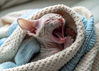 Sphynx kitten yawning inside a blanket
