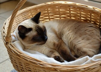 A Siamese cat peacefully sleeping in a wicker basket