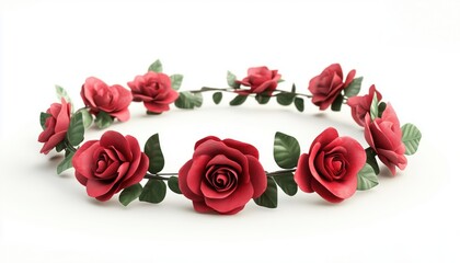 Fashionable Handmade Floral Tiara With Red Rose Flowers On White Wooden Base. Close-Up Of Hand Crafted Decorative Fashion Accessories For Women.