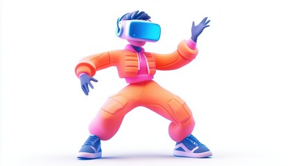 Teenager Enjoying Virtual Reality Avatar In Cyber Space Metaverse Futuristic Neon Fun Sport Game With Robot: Future Digital Technology.