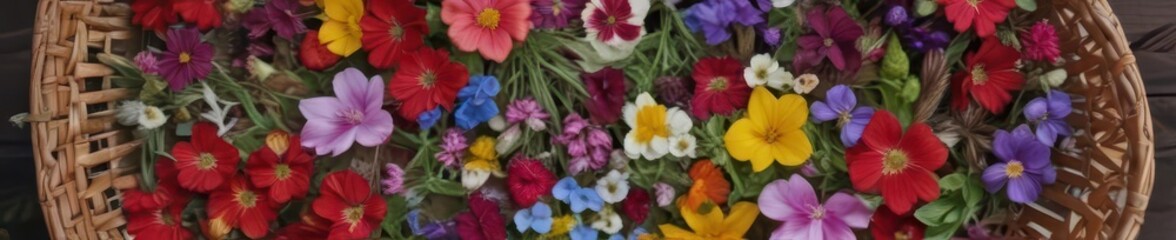 Obraz premium A woven basket overflowing with vibrant, wild edible flowers , closeup, basket