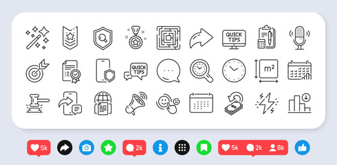 Quick tips, Magic wand and Power line icons pack. Social media: share, comment, like icons. Calendar graph, Accounting, Calendar web icon. Phone protect, Square area, Shoulder strap pictogram. Vector