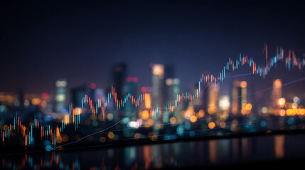 Stock market chart over city skyline at night for finance and investment analysis background concept