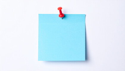 Push pin holding blank light blue sticky paper note isolated on white. Empty template. Mock-up.