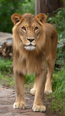 Obraz premium Majestic Young Lion Stares Intently Standing in a Lush Green Habitat with Powerful Paws