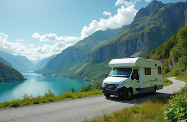 Obraz premium Motorhome camper van drives on mountain road by turquoise lake. Landscape view of nature, forest, glacier valley in south Norway. Road trip concept. Travel adventure vacation. Sunny summer day.