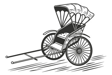 58 vintage rickshaw, bicycle-powered carriage, black and white illustration, intricate details, side view, traditional Asian transportation, woodcut style, high contrast, historical vehicle, ornate ca