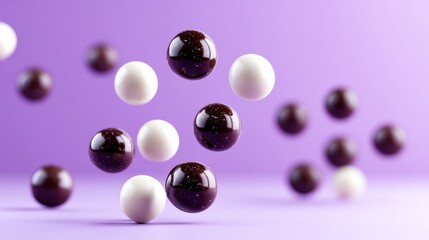Floating Chocolate Spheres - A captivating of dark and white chocolate spheres levitating against a soft purple backdrop. Perfect for food blogs, packaging, or culinary themes