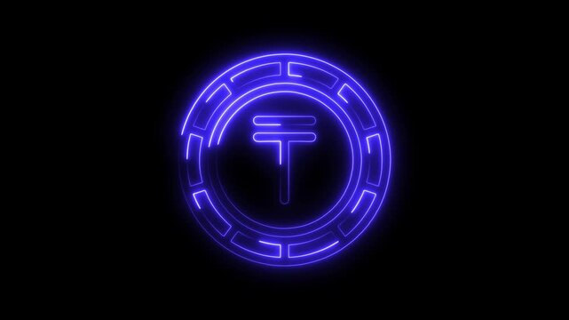 Glowing neon tenge currency symbol on black background animation