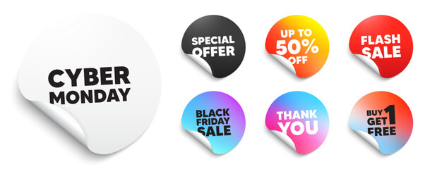 Cyber monday sticker tag. Special offer paper price tags. Cyber Monday Sale tag. Special offer price sign. Advertising Discounts symbol. Discount, black friday sticker. Promo banner. Vector