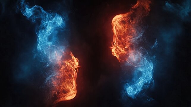 Fiery and icy clash of elements.  Abstract swirls of blue and orange smoke against a dark background