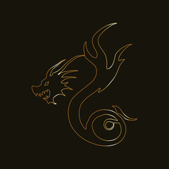Striking golden outline of a dragon head and body, forming a sleek minimalist emblem on a dark background. Ideal for branding, fantasy projects, tattoos, or digital artwork with a mystical vibe.
