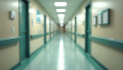 Fototapeta premium Blurred hospital hallway. Medical clinic corridor in emergency department healthcare facility. Modern interior design, bright lighting. Medical staff movement, focus, treatment, care. Sterile