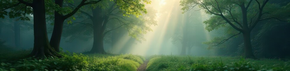 Silent, still forest, shrouded in soft morning mist, dew-kissed foliage ,  fog,  woods,  light