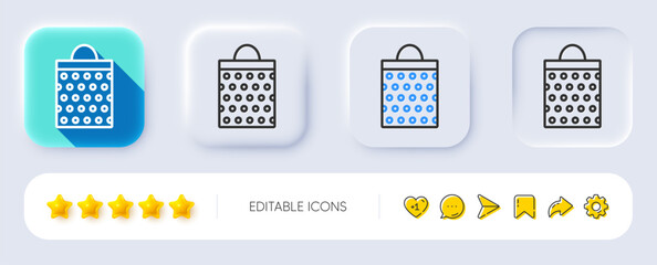 Shopping bag with circles line icon. Neumorphic, Flat shadow, 3d buttons. Present or Sale sign. Birthday Shopping symbol. Package in Gift Wrap. Line shopping bag icon. Social media icons. Vector