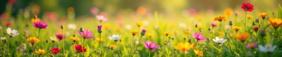 Fototapeta premium Vibrant wildflowers carpet a sun-drenched meadow , background, close-up