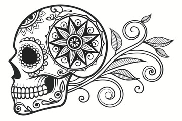 60 Intricate sugar skull, Day of the Dead design, ornate floral patterns, symmetrical mandala, black and white illustration, highly detailed swirls, circular composition, gothic aesthetic, Mexican fol