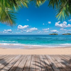 Fototapeta premium Wooden Table on a Beach with Palm Leaves and Ocean View