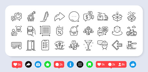 Open door, Cocktail and Brand ambassador line icons pack. Social media: share, comment, like icons. Auction hammer, Gift, Computer keyboard web icon. Get box, Teamwork, Left arrow pictogram. Vector
