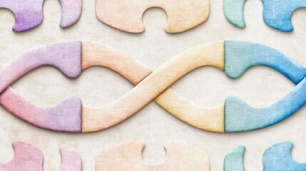 neurodiversity art, a soft watercolor pattern with the rainbow infinity symbol, pastel puzzle pieces, and flowing shapes represents neurodiversity and unity