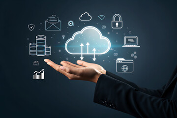 "Cloud Security and Data Protection: Hands Holding Secured Cloud Icon with Technology Symbols"