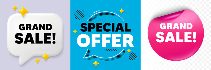 Grand sale speech bubble. 3d sparkles chat, Paper sticker. Grand sale tag. Special offer price sign. Advertising discounts symbol. Special offer bubble. Halftone dots pattern. Vector