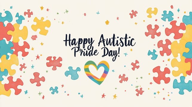 autistic pride celebration, an illustrated postcard with a pastel background, playful puzzle pieces, and a rainbow infinity symbol framing the title happy autistic pride day