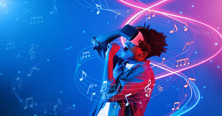 Man with casual cloth singing while wearing VR glasses surrounded with music notes holographic....
