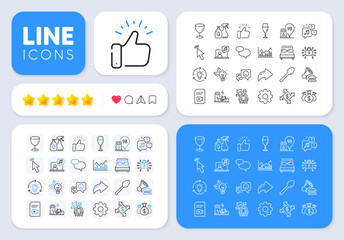 Idea, Music and Security lock line icons for web app. Message, Share, Like social media icons. Pack of Voicemail, Check investment, Electric bike pictogram icons. Cursor, Glass, Pillows signs. Vector