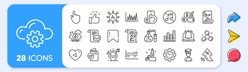No music, Time management and Noise line icons. Interest rate, AI generate, Inflation icons. Pack of Verification document, Innovation, Cloud computing icon. Vector