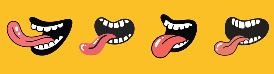 Four Mouths with Tongue. Mouth with Tongue Vector Set – Black Mouths with White Teeth on Yellow Background. Mouths with Tongue Illustration