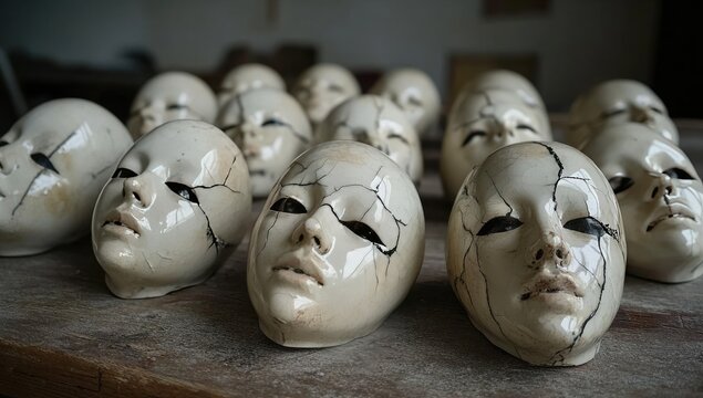 Ceramic faces, cracked and serene