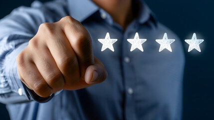 A person giving a rating of four stars with their hand in a blue button down shirt