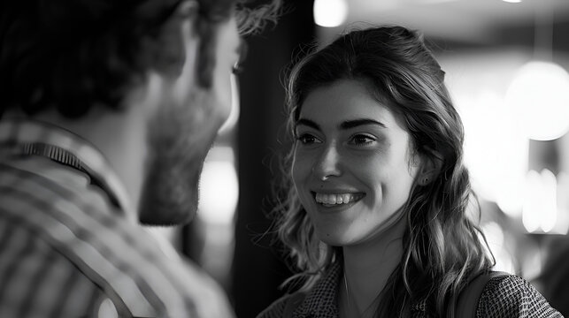 Close up of a smiling woman with dimples looking at a man in black and white photography style image