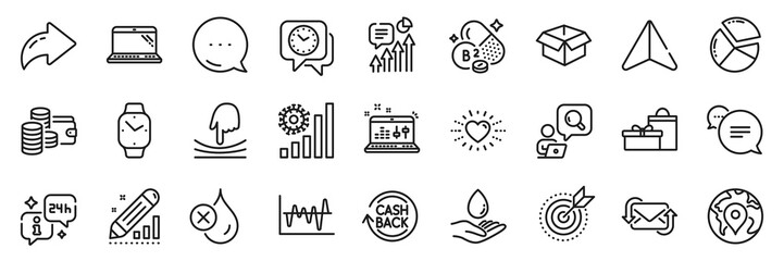 Heart, Clock and Laptop line icons pack. Share, Message, Paper plane icons. Refresh mail, Smartwatch, Target purpose web icon. Kpi, Water care, Coronavirus statistics pictogram. Vector