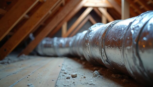 Insulated ductwork runs through an attic space. Silver foil HVAC ducting for ventilation, air heating cooling system. Home construction building, residential infrastructure, duct installation.