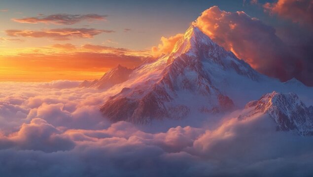 Majestic mountain peak above clouds at sunset